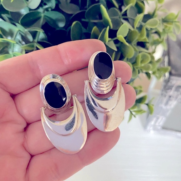 Vintage Chapel Zenray Modernist onyx Sterling Silver large 925 Dangle earrings - Picture 1 of 5